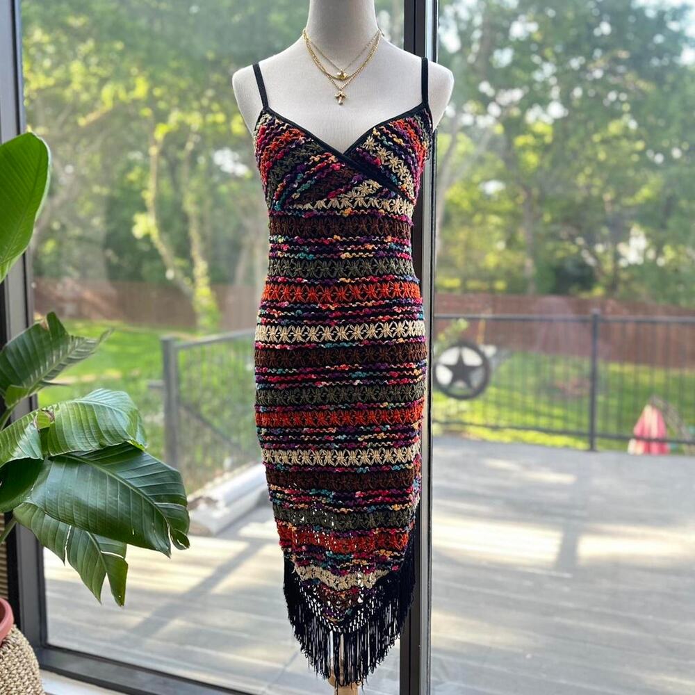 VTG Colorful Crochet Knit Midi Dress Bodycon Y2K Boho